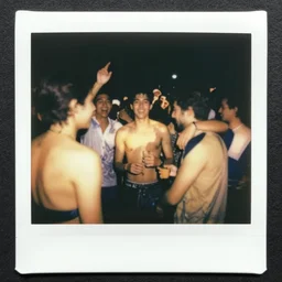 photograph of people partying, flash polaroid, golden hour