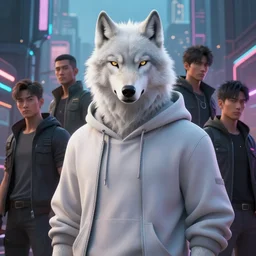 a beautiful portrait of a handsome male anthropomorph white wolf wearing a hoodie in cyberpunk city. character design by cory loftis, fenghua zhong, ryohei hase, ismail inceoglu and ruan jia. artstation, volumetric light, detailed, photorealistic, rendered in octane