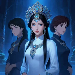 white vietnam woman wearing intricate vietnam accessories and clothes by ilya kuvshinov and anna dittmann and studio ghibli and wlop and rossdraws, digital art, blue lighting, trending on artstation, anime arts, featured on pixiv, blue lighting, hd, 8 k, highly detailed, good lighting, beautiful, epic, masterpiece