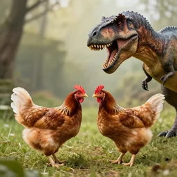 chickens fighting a t - rex dinosaur