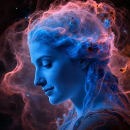 Side profile portrait of an attractive Greek celestial goddess with an aquiline nose, and a gental smile. Her head is tilted down. She is made of glowing blue nebula gas, and her blue face is emerging from a larger pink and orange nebula which is her hair. High resolution image by Hubble Space Telescope.