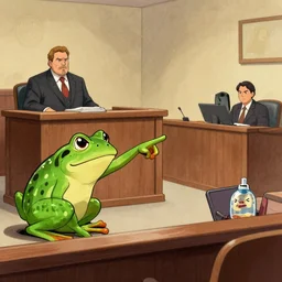 a courtroom sketch of an angry frog pointing at alex jones on the stand