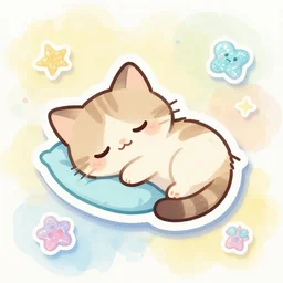 a tiny cute kitten sleeping, puffy sticker, glitter sticker, kawaii by studio ghibli, by lisa frank 8 k pastel colours, isometric, smeared watercolours,