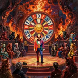 A retro Wheel of Fortune Jeopardy-style game show hosted by a charming-looking horned Satan in a colorful suit at center-stage, in front of a live studio audience of demons and strange creatures in the bleachers, in the middle of a cavernous firey landscape of Hell, oil on canvas, painting, cohesive, stylistic, trending on Artstation, 4k, wide shot