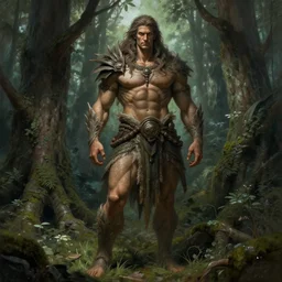 god of the forest, 3 0 years old, rugged, male, gorgeous, detailed face, amazing, thighs, full body shot, long hair, muscular, intricate, highly detailed, digital painting, artstation, concept art, sharp focus, illustration, art by greg rutkowski and alphonse mucha