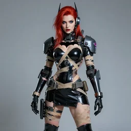 a full body beautiful woman with red hair and blue eyes, wearing a cyberpunk outfit by hr giger, artgerm, sakimichan, weapons, electronics, high tech, cyber wear, latex dress, cosplay, batwoman, bandage, concept art, fantasy, cyberpunk