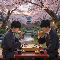 a professionnal digital art of two highly detailed japanese young men playing shogi on a table while drinking tea. japanese garden with complex sakura trees in bloom, evening light background. digital art, by greg rutkowski, trending on artstation, hq, 8 k, 4 k, unreal engine 5, concept art.