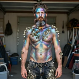 a bearded man, painted with iridescent bodypaint, standing in his cluttered garage, he is covered with barnacles, bokeh