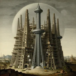 Unfinished Eastern arcology with a space elevator base in its center in the style of tower of Babel by Pieter Bruegel the Elder, digital art, 8K.