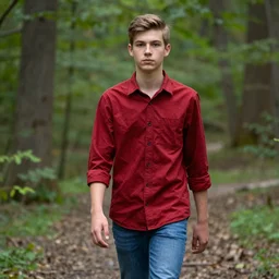 portrait, teenager, red shirt, blue jeans, walking in forest, detailed face, realistic photo.