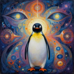 king pinguin, painting of abstract surrealist forms by yvonne mcgillivray by mandy jurgens by michael divine, powerful eyes glowing highly detailed painting, spiritual abstract forms, symmetrical, trending on art station, abstract emotional, very beautiful, fantasy digital art, highly detailed patterned visionary art, magic symbols, by michael divine, cosmic nebula