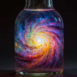 close up photo of a glass bottle that is filled with a colorful universe