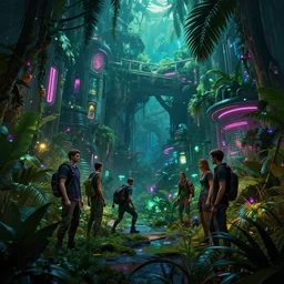 photo environement cyberpunk jungle : 4, 4 k rtx hdr volume light concept studio matte painting environement digital illustration style cyberpunk 2 0 7 7 artstation artur tarnowski, mihai muscan, marcin tomalak, marta leydy, marcin stepien, charlotte hughes, zuzanna dabrowa neon bioluminiscence