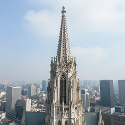 distant aerial exterior photo of : an elaborate ornate gothic cathedral is extremely tall and rises high above the modern skyscrapers and above the clouds all the way to heaven in golden rays of sunlight. the cathedral has stained - glass windows, and has many gargoyles, carvings, and statues. professional architectural photography with many small details ; heavenly, majestic ; glorious ; beautiful.