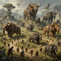 intricate concept art, illustration, fantasy, group of raiders, large biomes, megafauna, by wlop, hyper realistic, ultra detail, digital painting, artstation, octane render, 8 k, cgsociety
