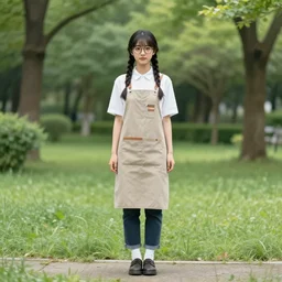 a beautiful photo, full body portrait of a young woman with twin braids, wearing glasses and an apron standing in a park, symmetric and beautiful face, very detailed, William-Adolphe, trending on pixiv, photo taken with Sony a7R