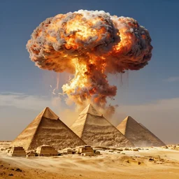 a nuclear explosion in ancient egypt, mushroom cloud on horizon, pyramids, concept art, by yoann lossell, raphael lacoste, highly detailed, 4 k, beautiful, sense of awe