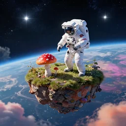 a flying island in space, an astronaut standing on the island ramming a fly agaric in the ground, stars and planet earth in the background surrounded by colorful clouds