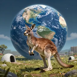 A kangaroo is beating up on a moon base with a huge earth in the background