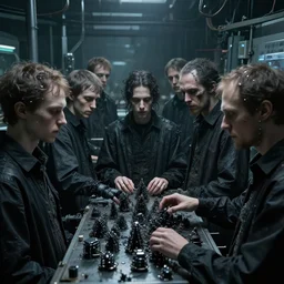 uncompassionate souls being mass - produced in cyber gothic factory, advanced, photorealistic, realistic, dramatic lighting, in the style of stefan bakałowicz, 8 k resolution