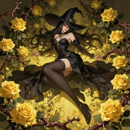 fantasy female dark witch sensual surrounded by yello roses and thorns, wide angle view, highly detailed, qichao wang, artgerm, cushart krenz, zeronis, trending on artstation, soft light, sharp edges, illustration, character design, concept art