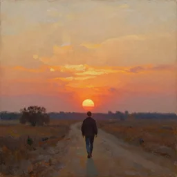 oil painting of a man walking away into the sunset, from a distance