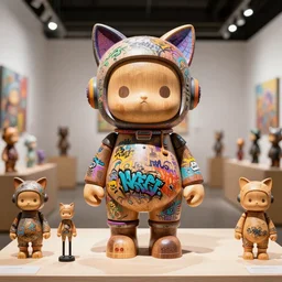 8 k octan, advertising, highly detailed, photo, a totally wooden figurine collectible art toys wooden on feet, very cute fat cyborg zen with cat ears, cyberpunk, graffiti colored, design, showroom, dealership, indoor display, convention, exhibition, a contemporary art gallery, symetrical, masterpiece, nofinito