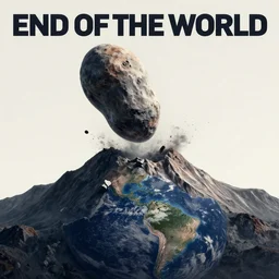 an'end of the world'poster about an asteroid over a mountain about to crash in to earth causing devistating damage, the asteroid is over a mountain and is burning up, a family in on the ground looking up on the asteroid