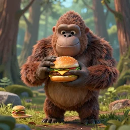 anthropomorphic 3D yeti eating cheeseburger in forest