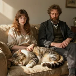 magali villeneuve and john william waterhouse and kim jung gi detailed full character portrait hyperdetailed digital illustration of a cat sleeping on a sofa sunbeam, unreal engine, hyperrealism, octane render, cinematic composition, detailed textures, wide shot, autochrome lumiere