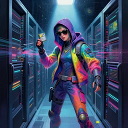 an angelic androgynous hacker with a data disk in vast cyberspace glitching through a vulnerable server, wearing sunglasses, futuristic clothes, vibrant colors, rule of thirds, spotlight, drips of paint, expressive, passionate, by greg rutkowski, by jeremy mann, by francoise nielly, by van gogh, digital painting
