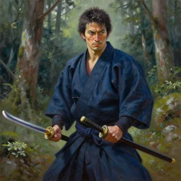 stunning portait of the strongest ronin with yukata training with two swords in kyushu national park, intricate details, digital art by rob gonsalves, oil on canvas by ivan shishkin