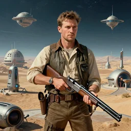 hyperrealistic portrait of a settler with a futuristic shotgun colony on a distant planet, with the colony in the background, retro futuristic, by norman rockwell, by syd mead, hd, 4 k, high quality