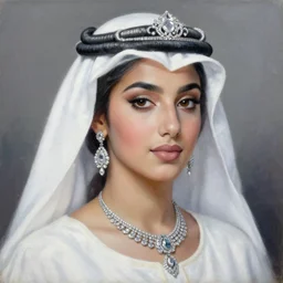 clothed in blouse, tiara, necklace, earrings. close - up face portrait painting of an arabic princess, by boris vallejo. white and silver.