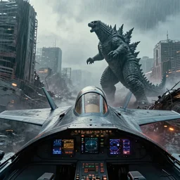 First Person Point view of cockpit in fighter jet is fighting with godzilla in the wreckage city in the rain,by Tim Hildebrandt ,James Paick,Ted Nasmith, peter gric,Hugh Ferriss,trending on artstation,8k,Blade Runner 2049,ultra realistic,high detail,golden ratio,cinematic lighting,maximalist