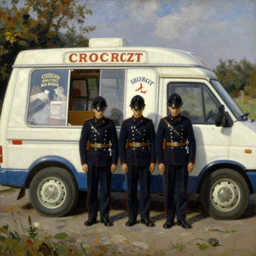 painting of sad soldiers standing by an english ice cream van by emile friant