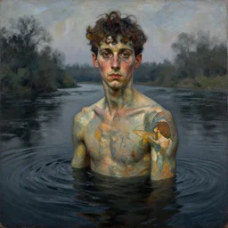 hyperrealist portrait in a black water river, by lucian freud and bouguereau, alphonse mucha, foggy twilight lighting, very detailed faces