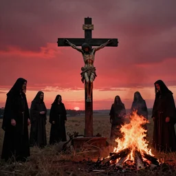 “A large strange crucifix standing in a field surrounded by cultists in black robes next to a bonfire, dirty award winning vintage photography, glowing red sky, distorted photo”