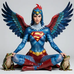 a portrait photograph of a meditating fierce sadie sink as a colorful harpy bird super hero with blue striped skin with scales. she is transforming into a amphibian. by donato giancola, hans holbein, walton ford, gaston bussiere, peter mohrbacher and brian froud. 8 k, cgsociety, fashion editorial