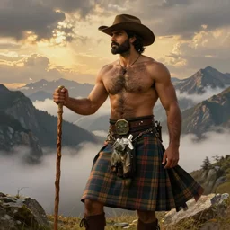 a dramatic epic beautiful painting of a hairy handsome shirtless desi man in the mountains | he is wearing a scottish plaid kilt and cowboy hat, and holding a walking stick | background is mountains! and clouds | dramatic lighting, golden hour, homoerotic | by clyde aspevig and albert bierstadt and greg rutkowski | trending on artstation