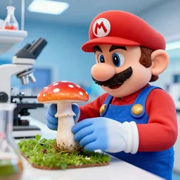 Mario in lab doing experiments with his mushroom