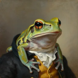 a head and shoulders portrait painting of an anthropomorphic!!!!!!!!!! amazon milk frog!!!!!!!!!! wearing a colonial frock jacket without a hat looking off camera, a character portrait, neoclassicism, oil on canvas, soft focus, visible brushstrokes
