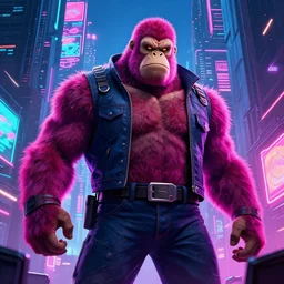 king Kong in a cyberpunk japanese city, neon colors, digital art, well detailed, by Stephen king