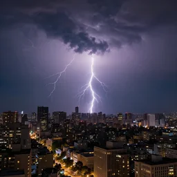 a realistic photo of a city at night with a thunderstorm and several lightnings in the sky, highly detailed, ultra realistic, 8 k, giger