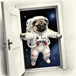 gif, high - resolution, pencil art, colorized, extra - detailed, pug astronaut, opening door, in space that leads into the universe