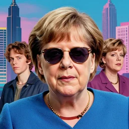 Angela Merkel wearing sunglasses in front of a retrowave city by Artgerm and Greg Rutkowski and Magali Villeneuve, ultra intricate details, photorealistic,, HDR,