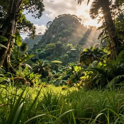 Hill jungle, concept art, low angle, high detail, warm lighting, volumetric, godrays, vivid, beautiful, trending on artstation, by Jordan grimmer, huge scene, grass, art greg rutkowski