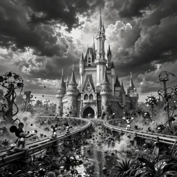 post - apocalyptic magic kingdom, wasteland, submerged, monorail, abandoned, wet, swamp, swamp gas, nuclear fallout, black and white, dark clouds, mickey mouse, walt disney world, rubberhose cartoon