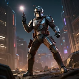 off angle beautiful full body shot film still of the Mandalorian at night in post apocalyptic science fiction city, volumetric lighting, action pose, low angle, hard surface modeling, lens flare, J.J. Abrams , unreal, redshift, 3d model, 8k