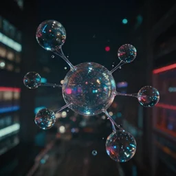 abstract grainy photograph of an itasha, dream-like, urban, surrounded by floating transparent orbs of liquid, branching off refracting, neon night, cinematic, refraction, octane render, photorealistic, dark, atmospheric, insanely detailed, lights and shadows